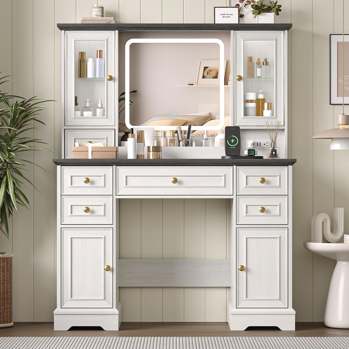 White Makeup Vanity Desk with Mirror and LED Lights Y15379