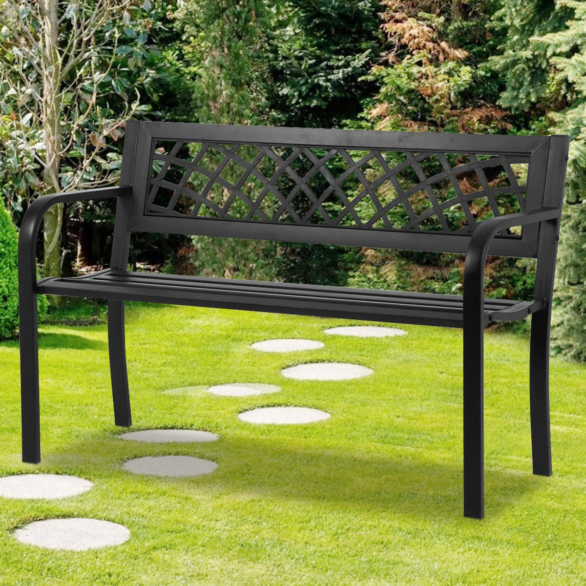 Black Cast Iron Outdoor Garden Bench with Mesh Backrest W7411