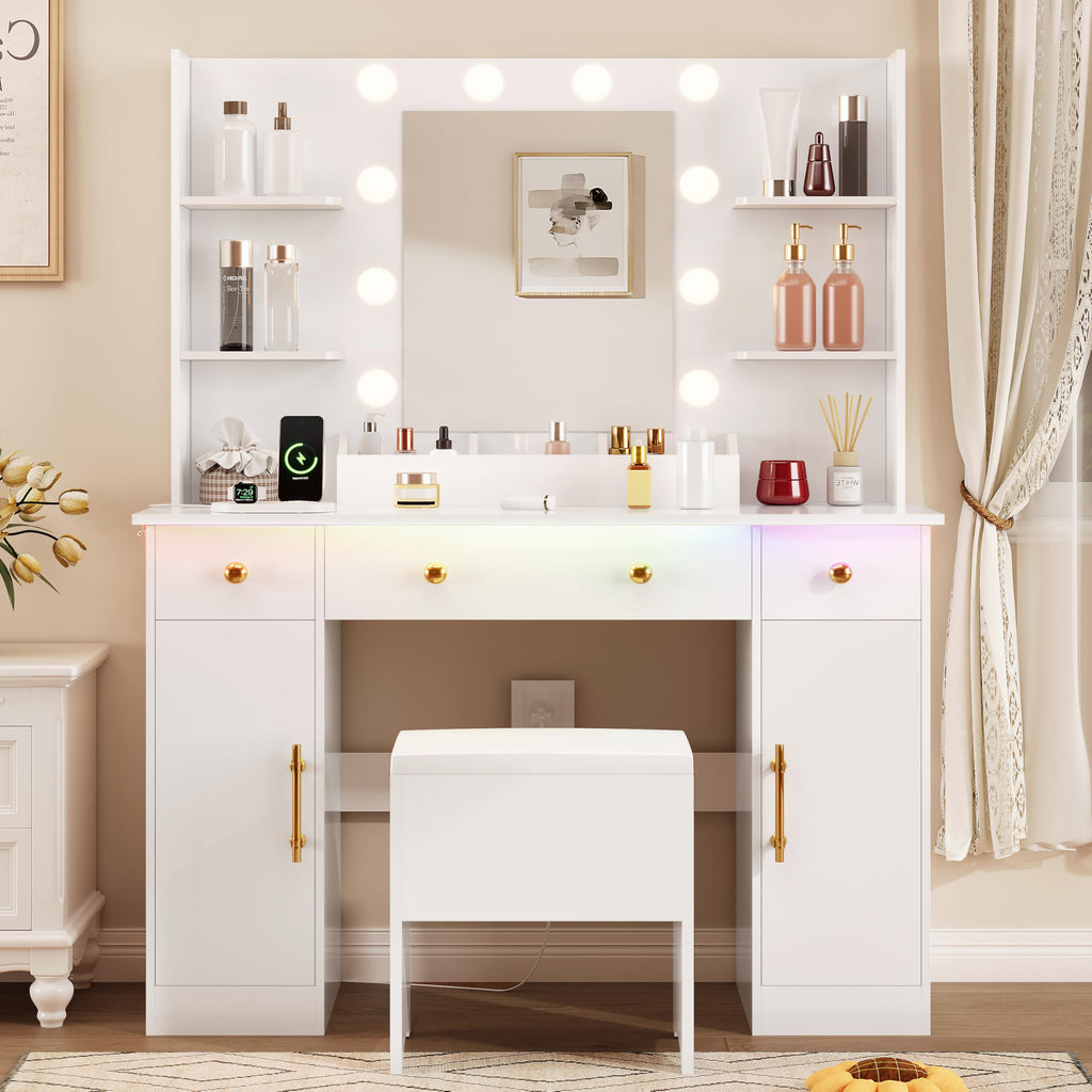 White Vanity Desk with Mirror and Lights, Charging Station, Stool, 3 Drawers and Cabinets A9066