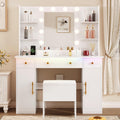 White Vanity Desk with Mirror and Lights, Charging Station, Stool, 3 Drawers and Cabinets A9066