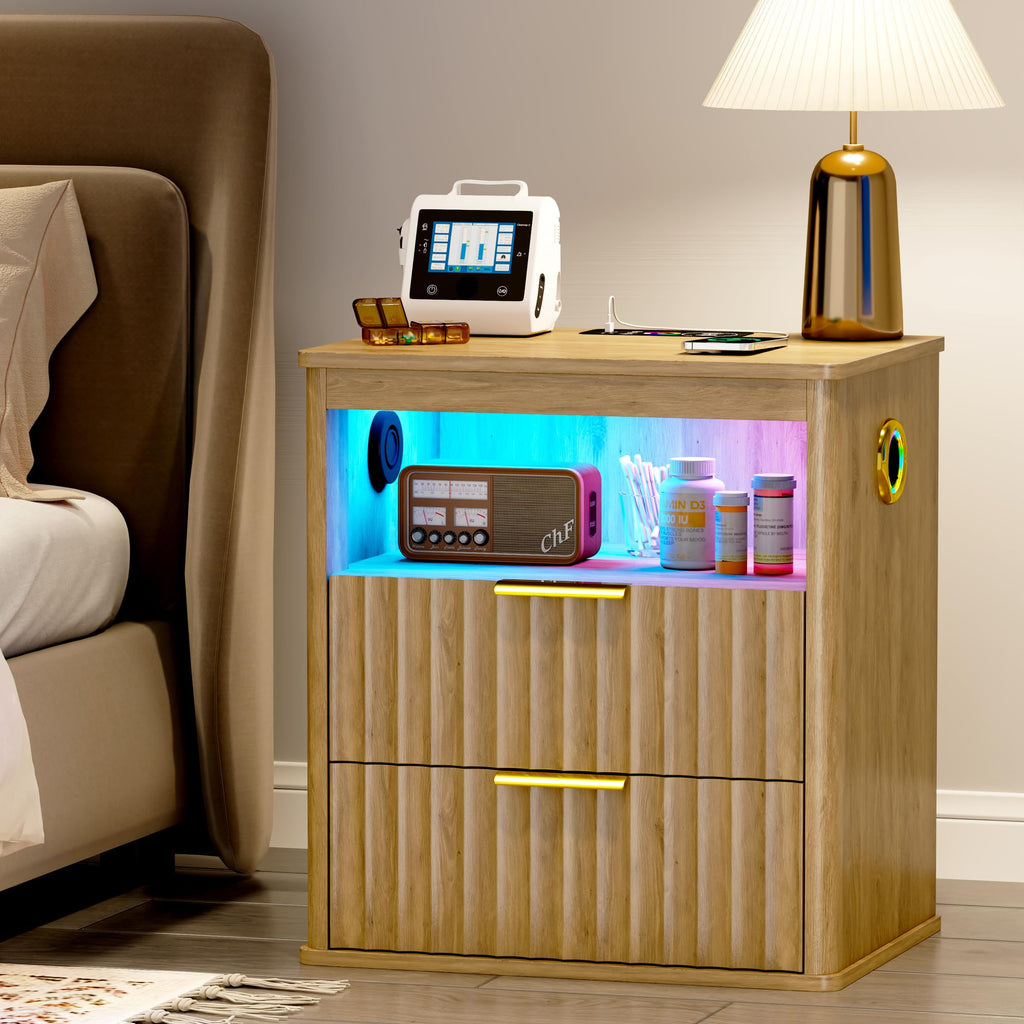 LED Nightstand with Charging Station and 2 Drawers O77578