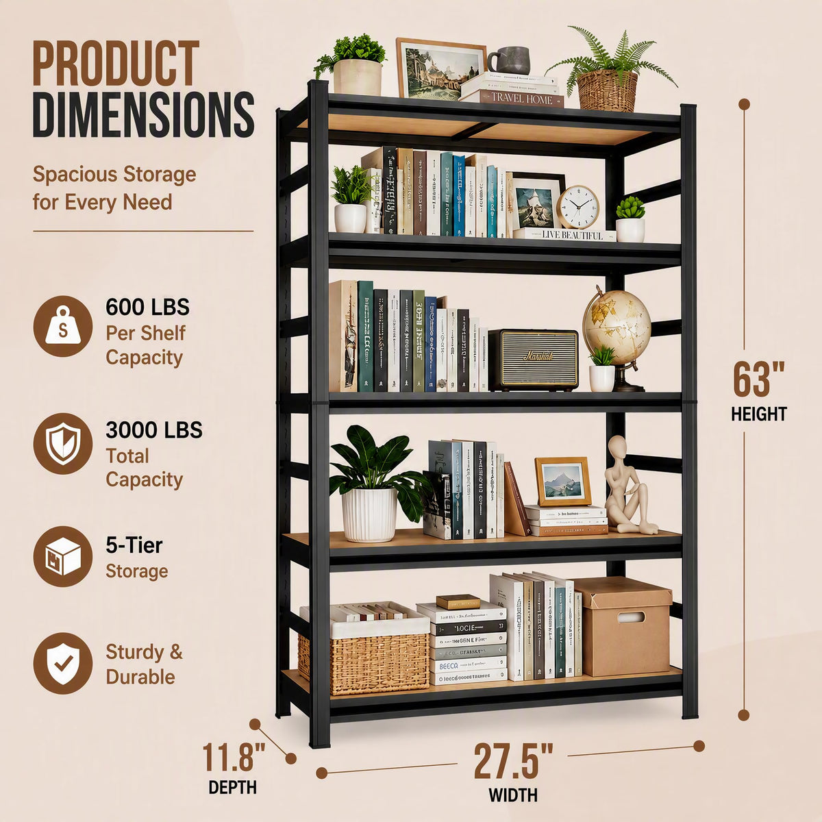 Heavy Duty Wood 5 Tier Bookshelf F904