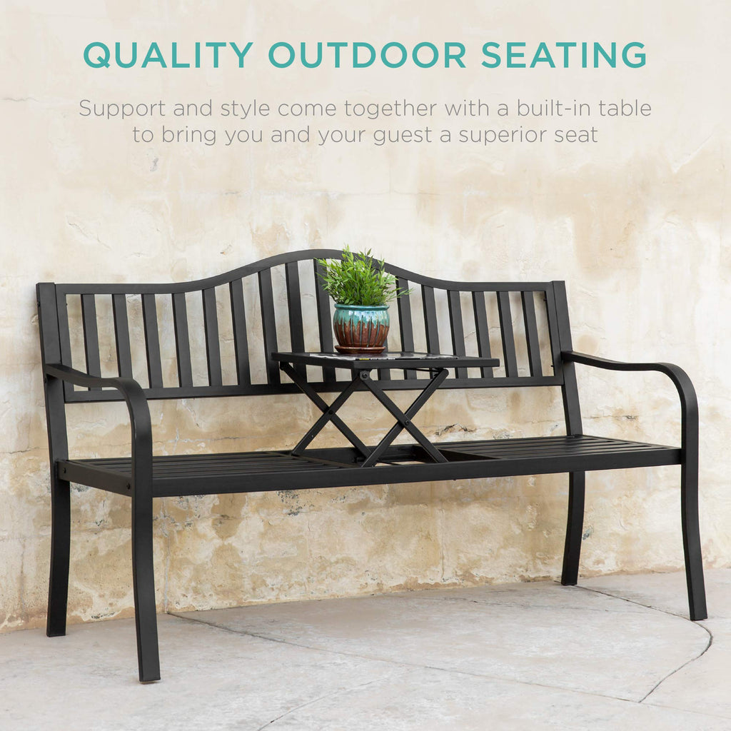 Black Steel Outdoor Garden Bench with Pullout Middle Table E28644