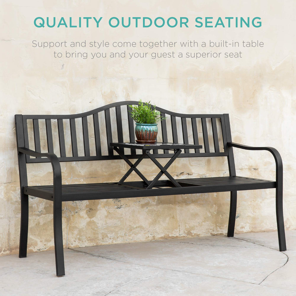 Black Steel Outdoor Garden Bench with Pullout Middle Table E28644