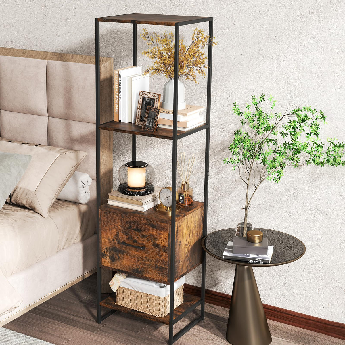 5-Tier Bookshelf with Drawer Narrow Bookcase S246680