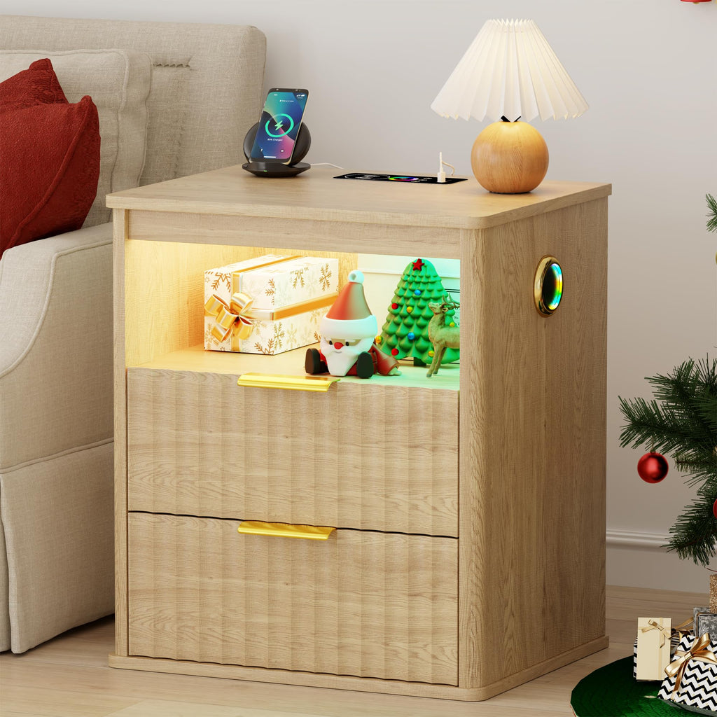 LED Nightstand with Charging Station and 2 Drawers O77578