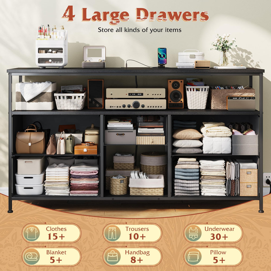 Black TV Stand with LED & Outlets, 5-Drawer Storage N22656