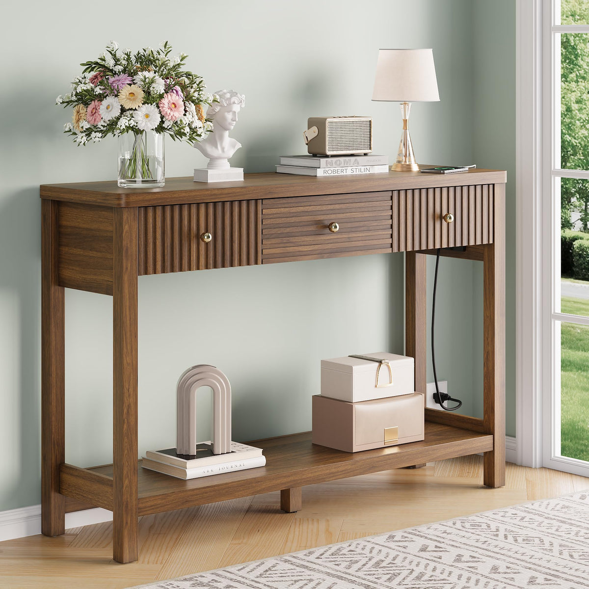 47'' Fluted Console Table with Charging Station & 3 Drawers Q38306