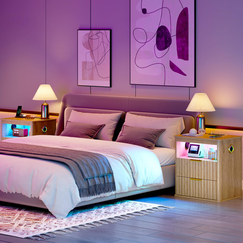 LED Nightstand with Charging Station and 2 Drawers O77578