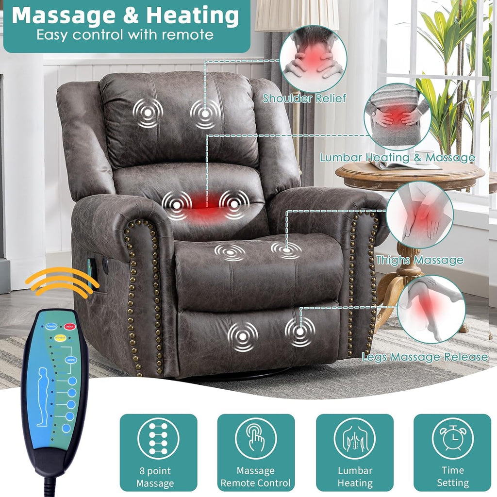 Oversized Swivel Rocker Recliner Chair with Heat and Massage H556888