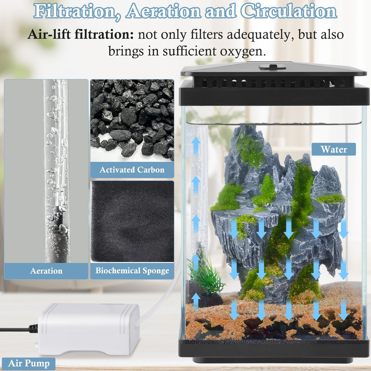1 Gallon Small Glass Aquarium with Air Pump LED Light E376324