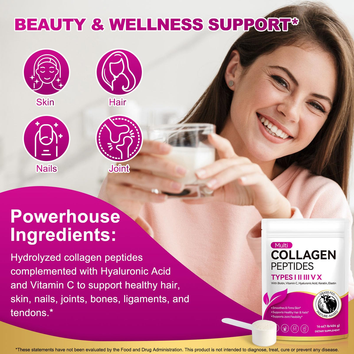 Multi Collagen Peptides Powder Types I II III V X 16 Oz Hydrolyzed with Biotin Unflavored I723807