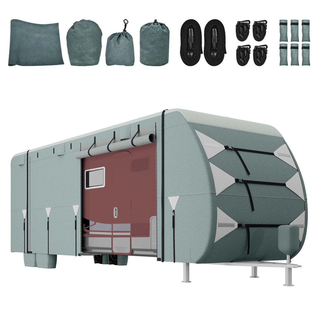 24-27FT Waterproof 7-Layer Camper Cover with Tongue Jack Cover, Tire Covers, Gutter Covers E47952