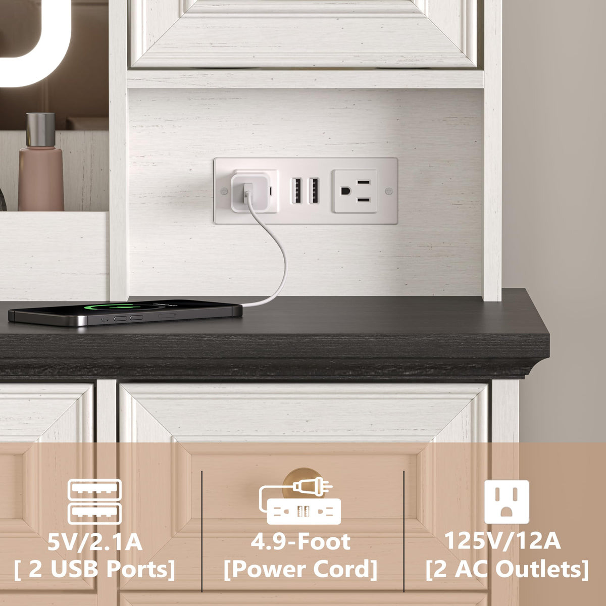 White Makeup Vanity Desk with Mirror and LED Lights Y15379