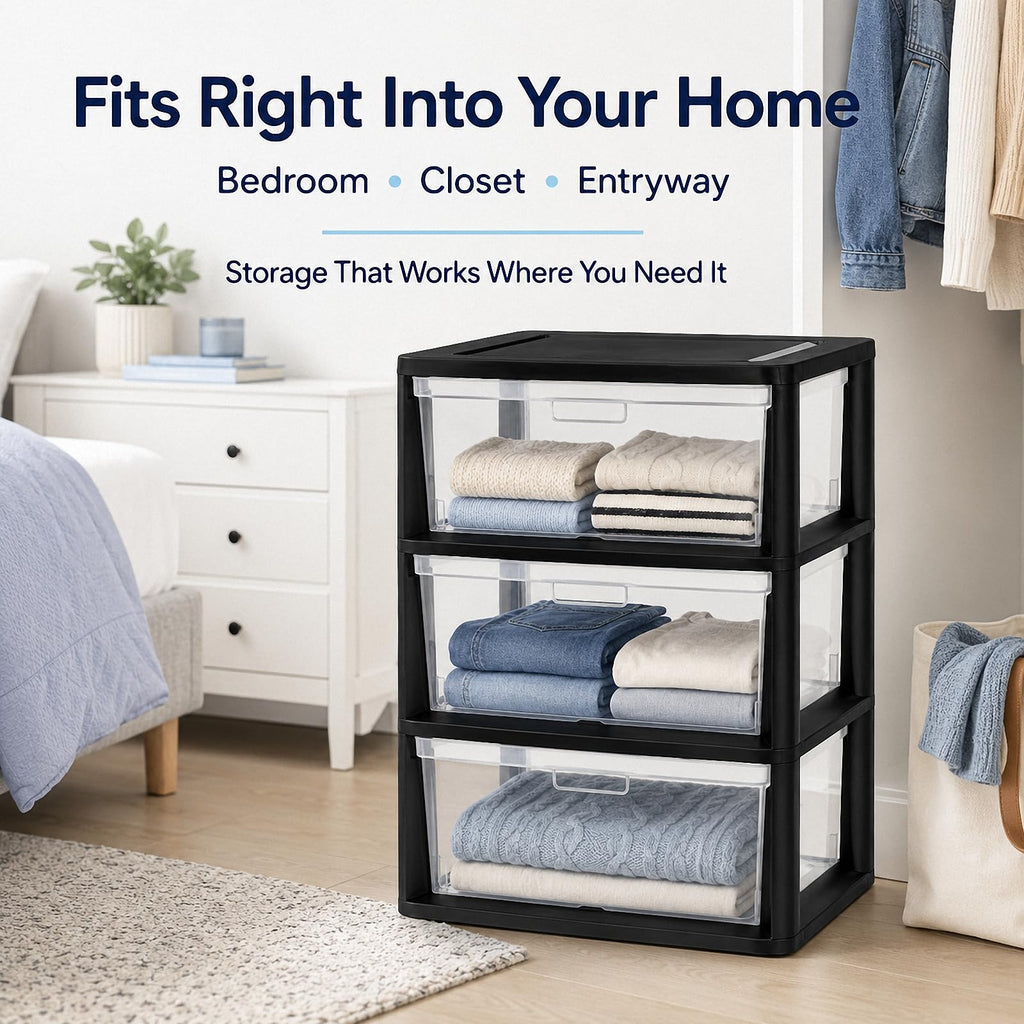 Black 3 Drawer Plastic Storage Tower with Clear Bins O5135