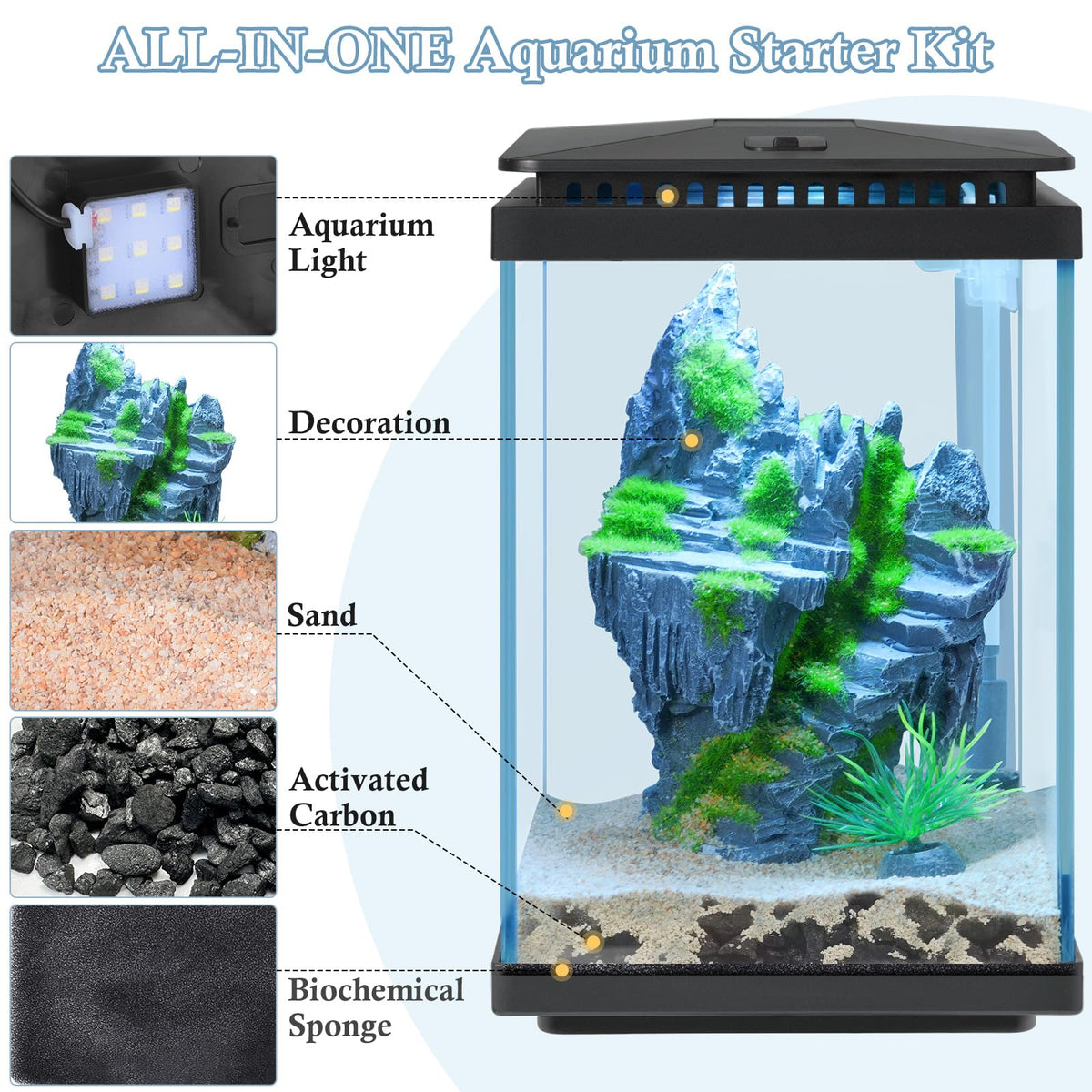 1 Gallon Small Glass Aquarium with Air Pump LED Light E376324