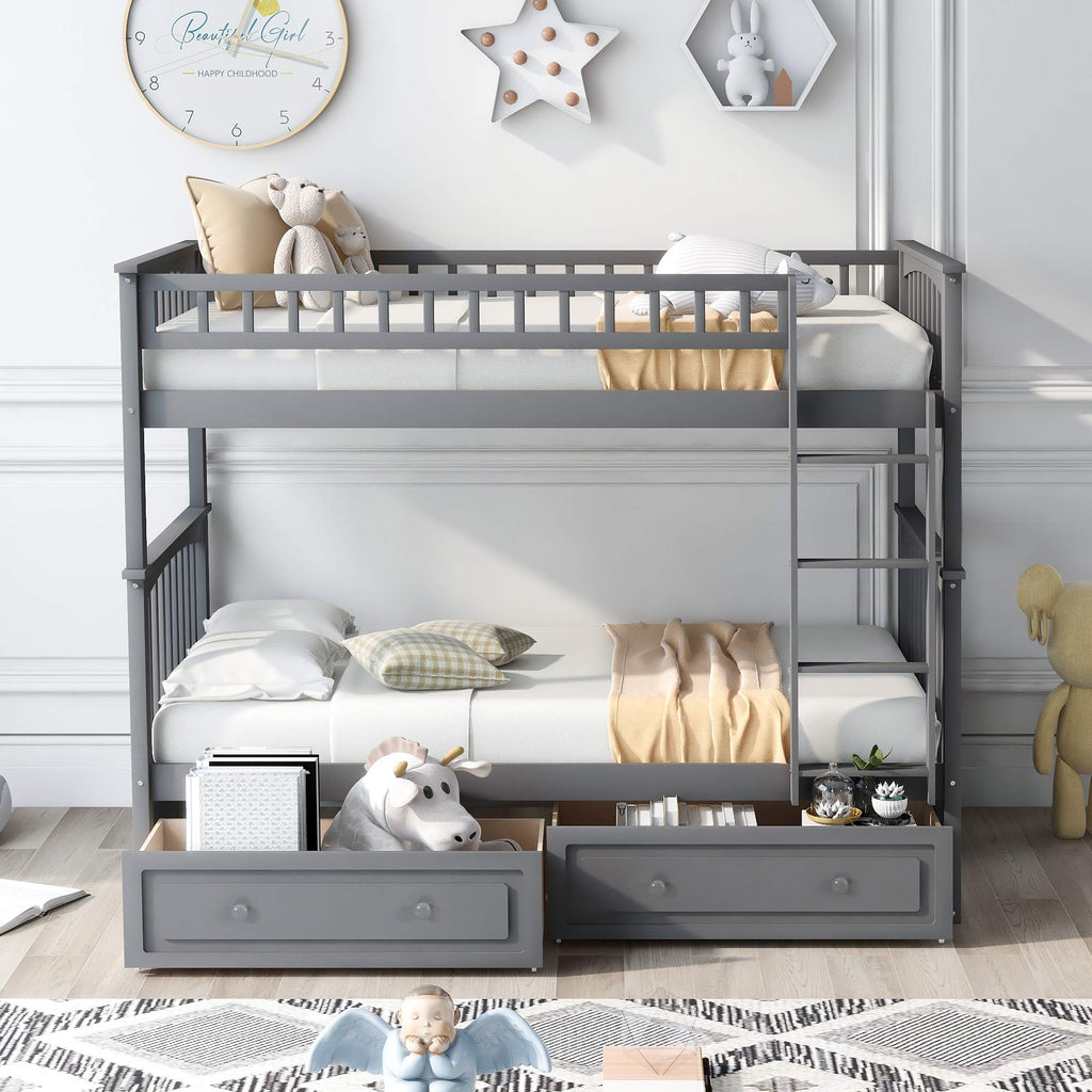Grey Convertible Wood Twin-Over-Twin Bunk Bed with Storage Drawers and Ladder H770