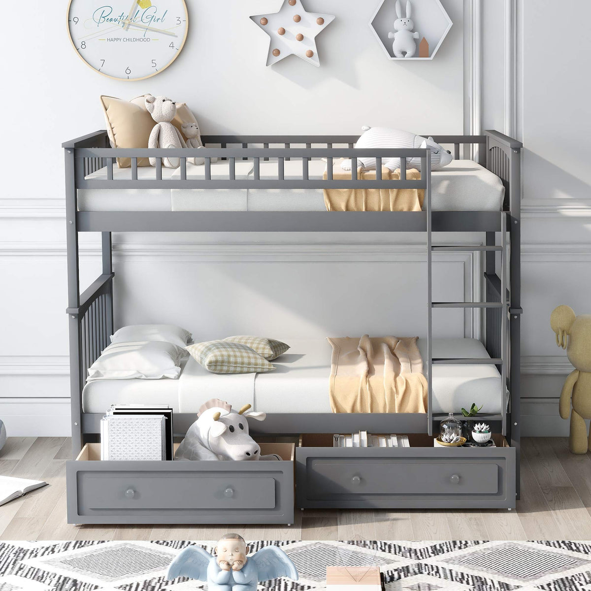 Grey Convertible Wood Twin-Over-Twin Bunk Bed with Storage Drawers and Ladder H770