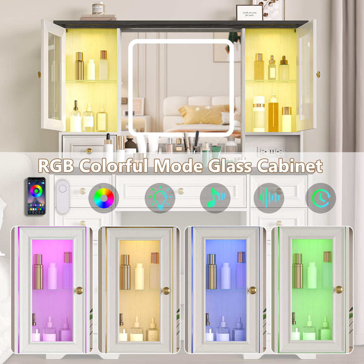 White Makeup Vanity Desk with Mirror and LED Lights Y15379
