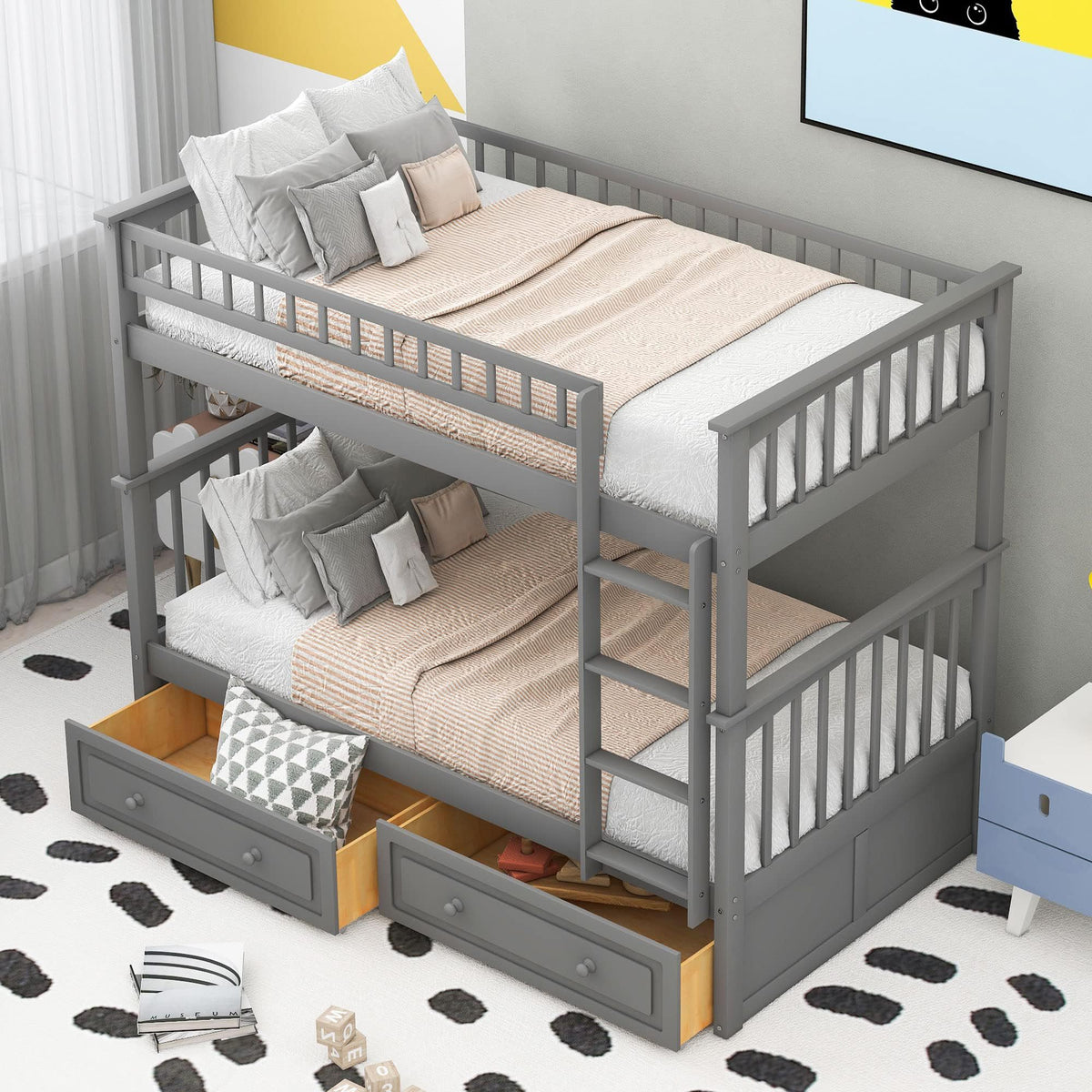 Grey Convertible Wood Twin-Over-Twin Bunk Bed with Storage Drawers and Ladder H770