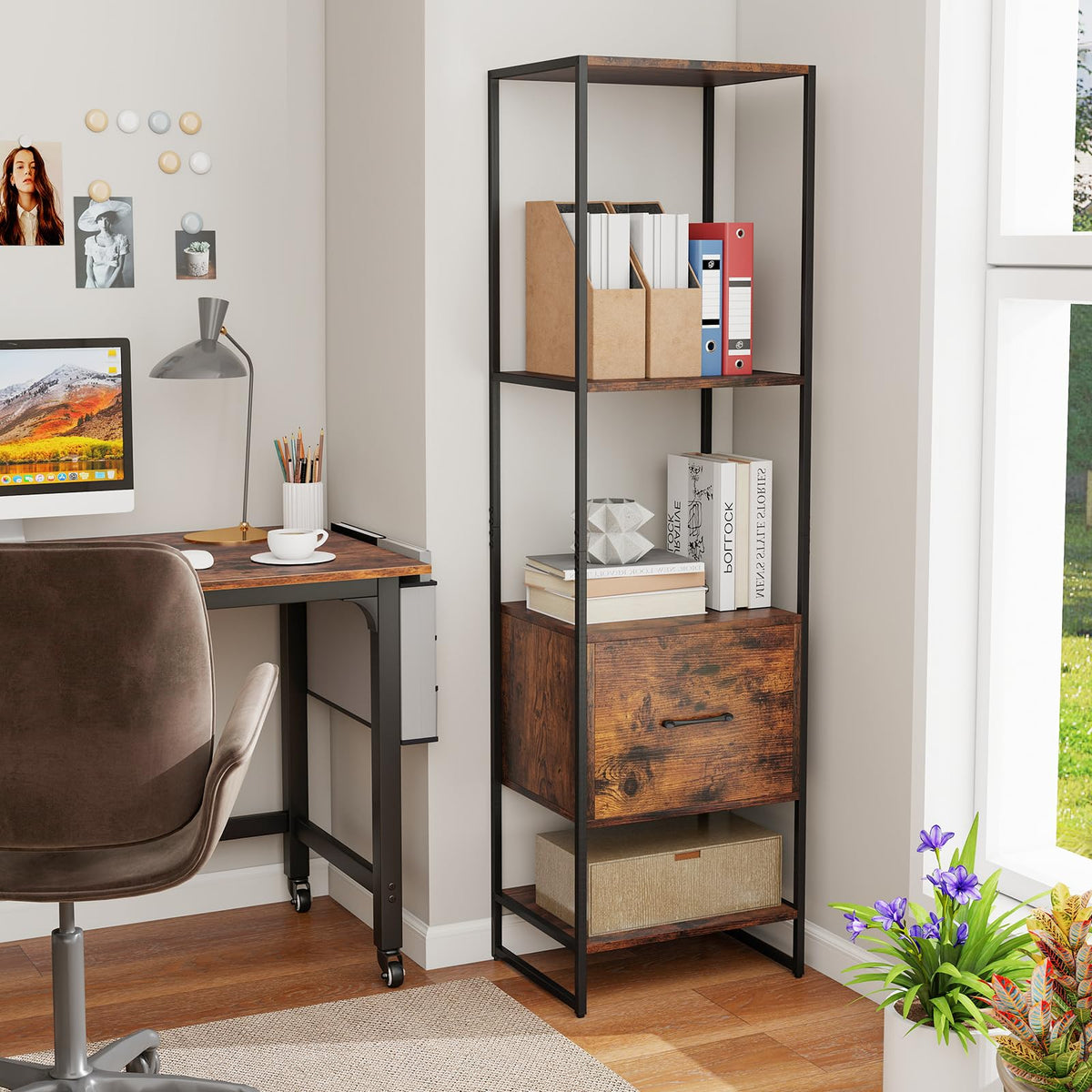 5-Tier Bookshelf with Drawer Narrow Bookcase S246680