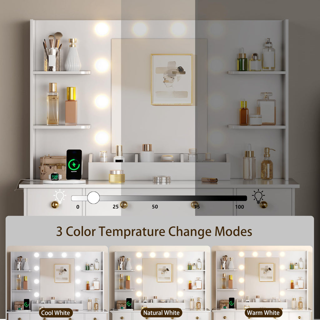 White Vanity Desk with Mirror and Lights, Charging Station, Stool, 3 Drawers and Cabinets A9066