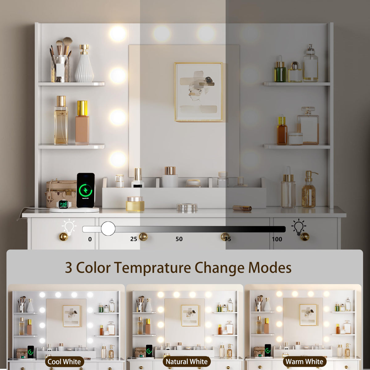 White Vanity Desk with Mirror and Lights, Charging Station, Stool, 3 Drawers and Cabinets A9066