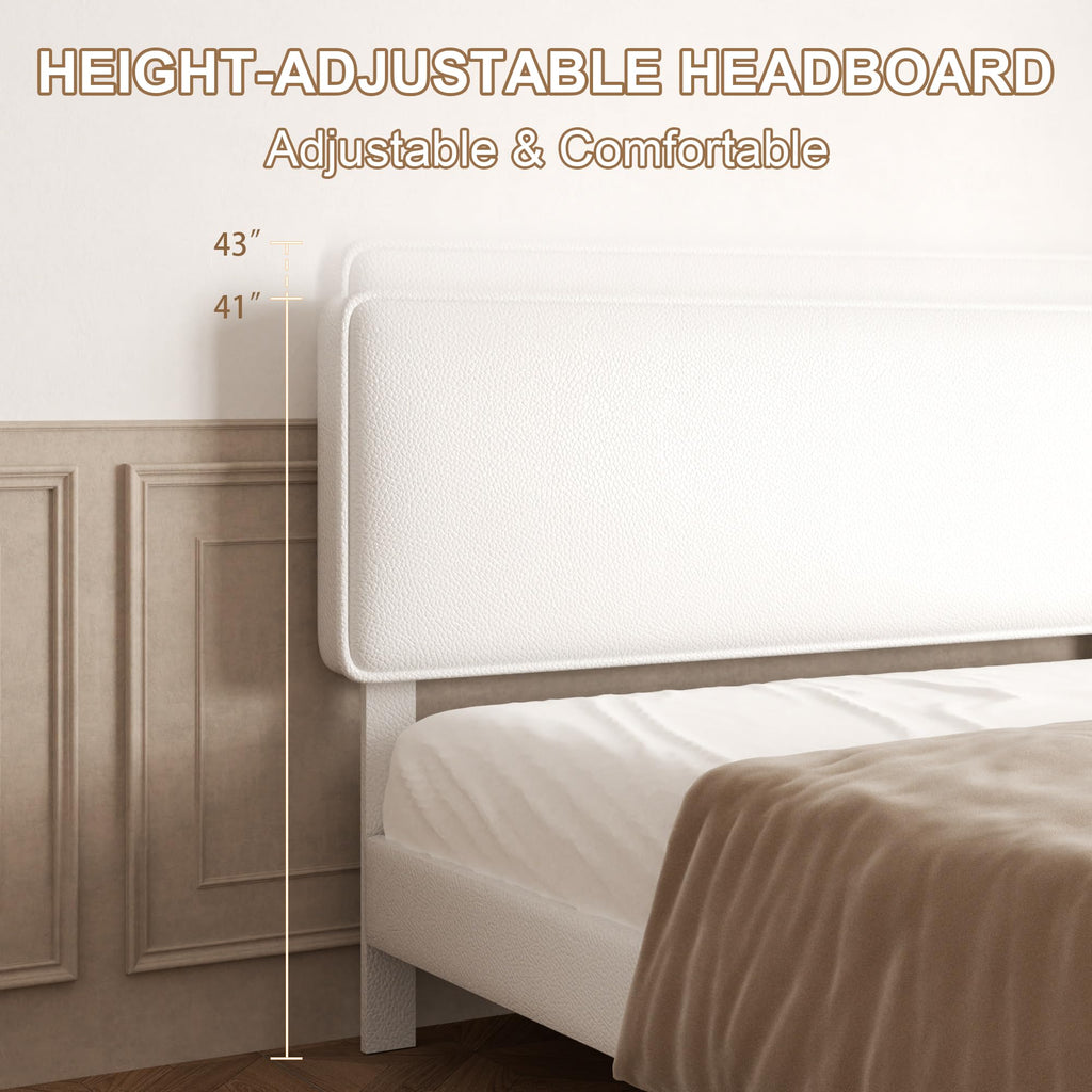 White Upholstered Bed Frame with Adjustable Headboard C850