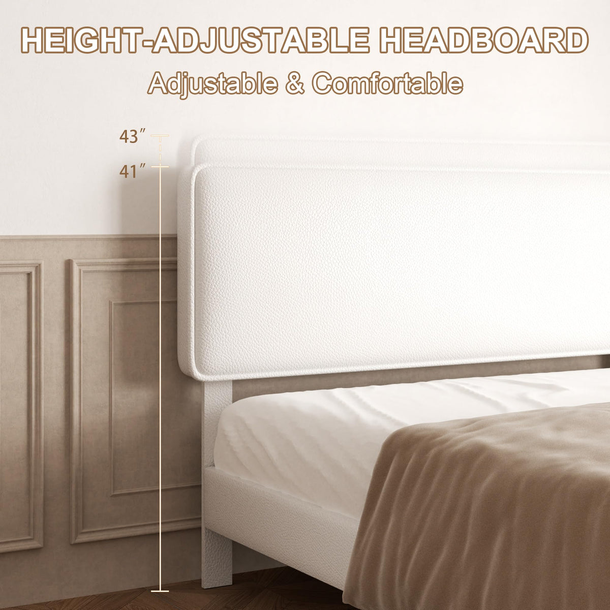 White Upholstered Bed Frame with Adjustable Headboard C850