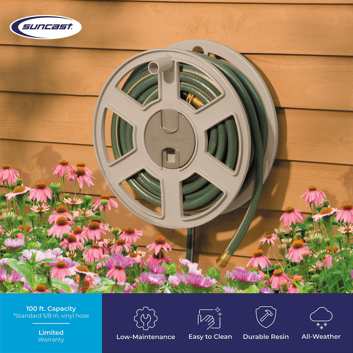 Wall Mount Garden Hose Reel 100 Feet Capacity Light Taupe Resin A549