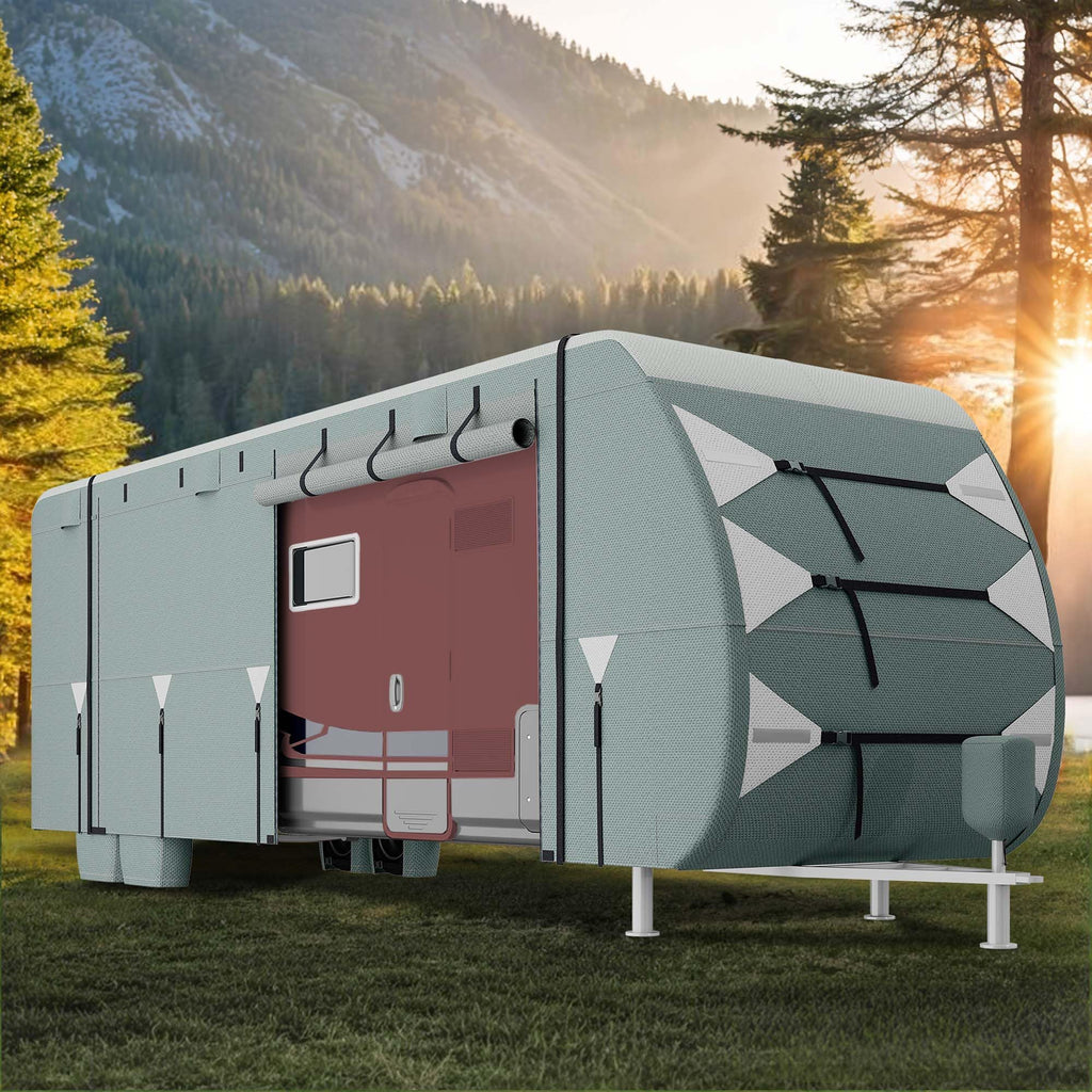 24-27FT Waterproof 7-Layer Camper Cover with Tongue Jack Cover, Tire Covers, Gutter Covers E47952