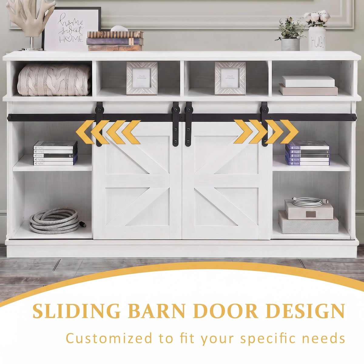 White Farmhouse TV Stand with Sliding Barn Doors C607301