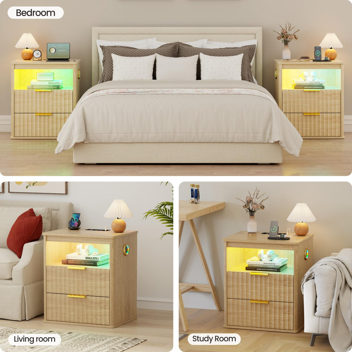 LED Nightstand with Charging Station and 2 Drawers O77578