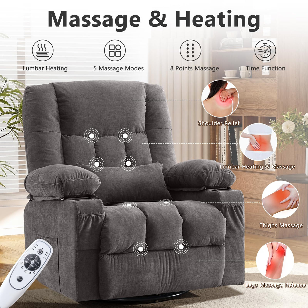 Swivel Rocker Recliner Chair with Massage and Heat K91019