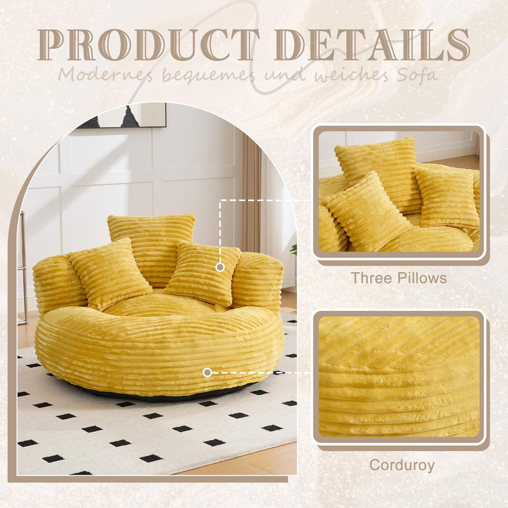 43" Mustard Yellow Corduroy Beanbag Sofa with Memory Foam W64432