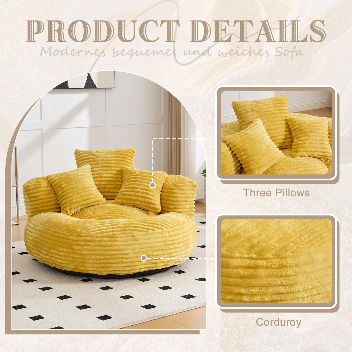 43" Mustard Yellow Corduroy Beanbag Sofa with Memory Foam W64432