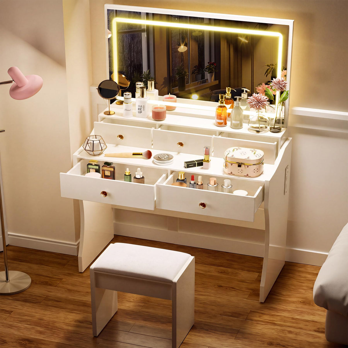 White Vanity Desk with LED Lights Mirror and 5 Drawers D5228