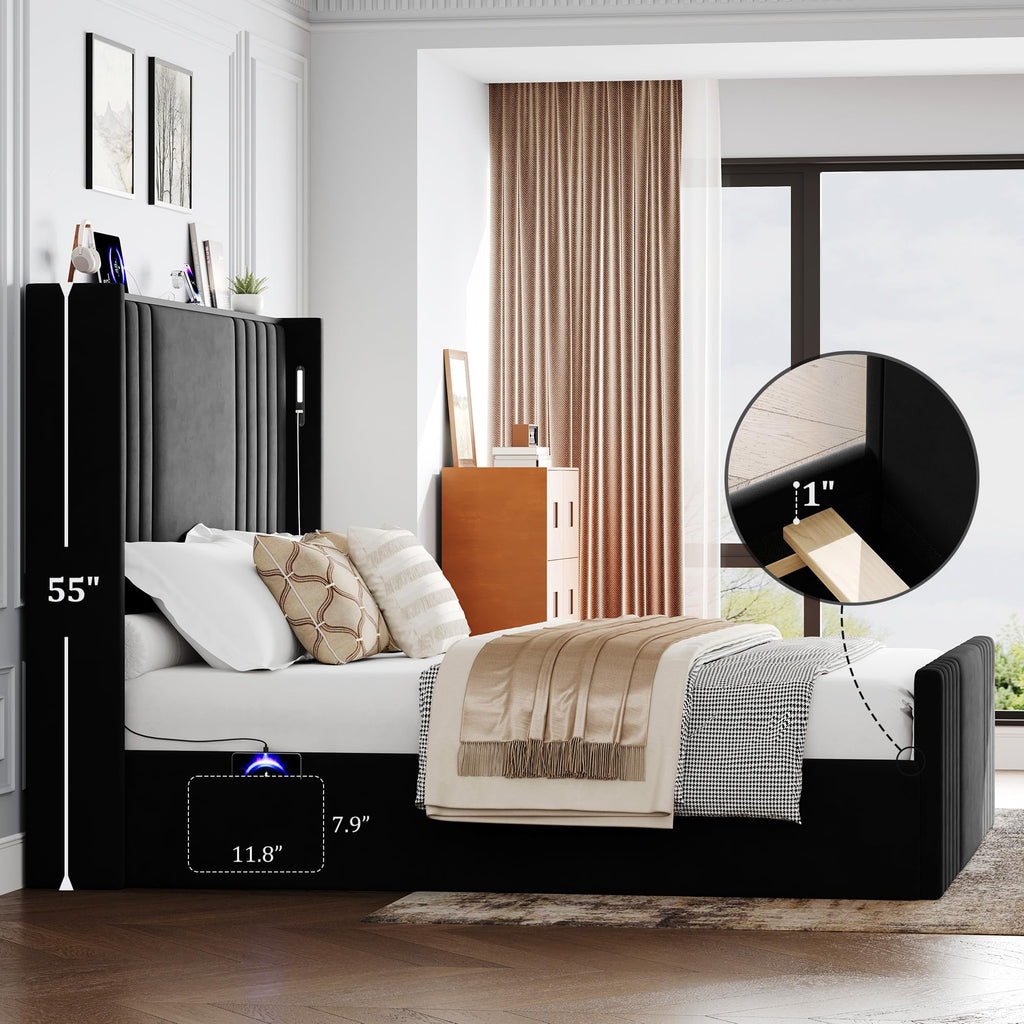 Queen Size Platform Bed Frame with Reading Lights J1907