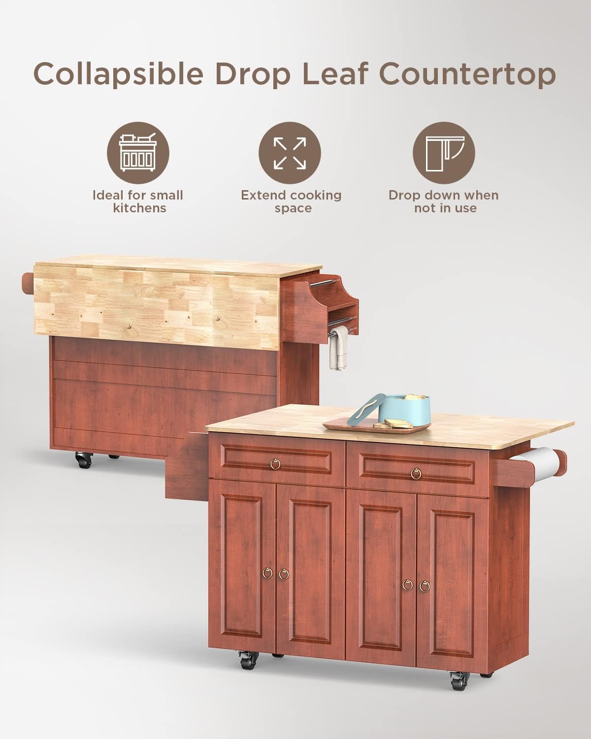 Brown Wood Kitchen Island with Drop Leaf Countertop and Lockable Wheels J97510