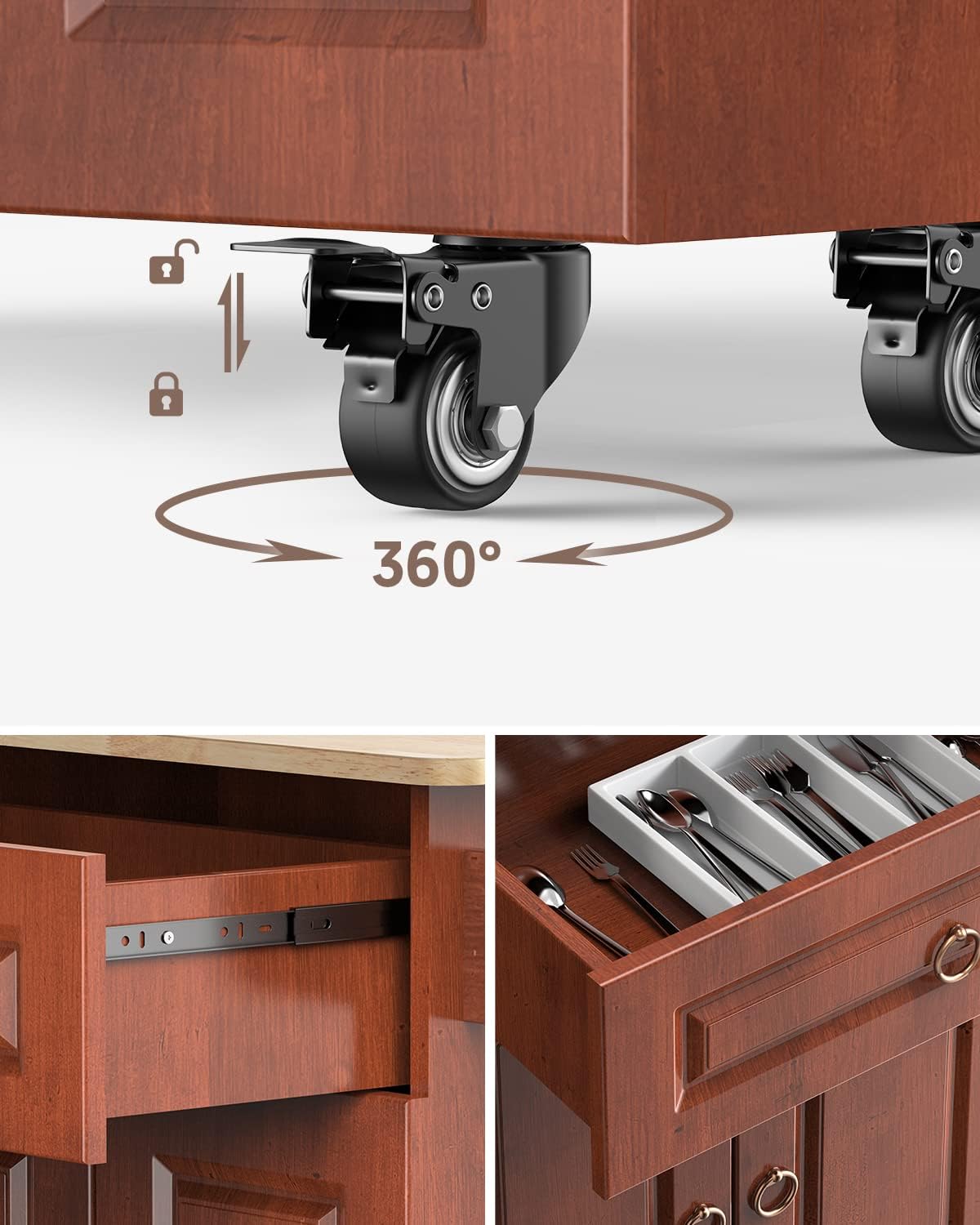 Brown Wood Kitchen Island with Drop Leaf Countertop and Lockable Wheels J97510