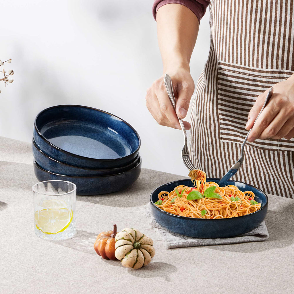 Stoneware Pasta Bowls Set of 4, 35oz Ceramic Bowls, Sapphire Blue H3445