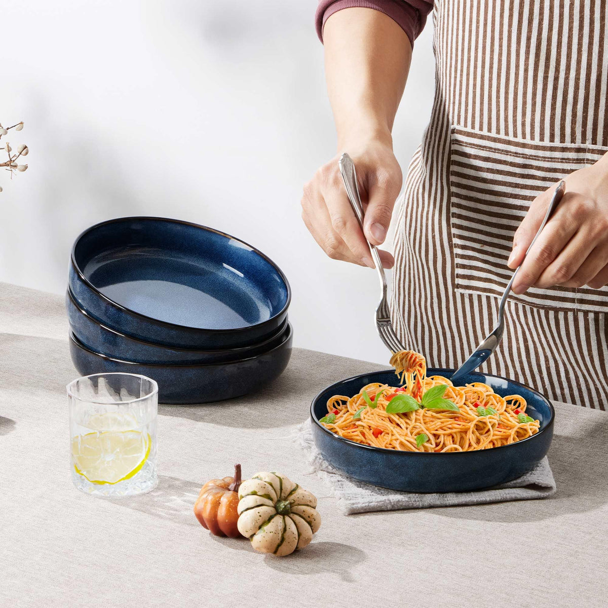 Stoneware Pasta Bowls Set of 4, 35oz Ceramic Bowls, Sapphire Blue H3445