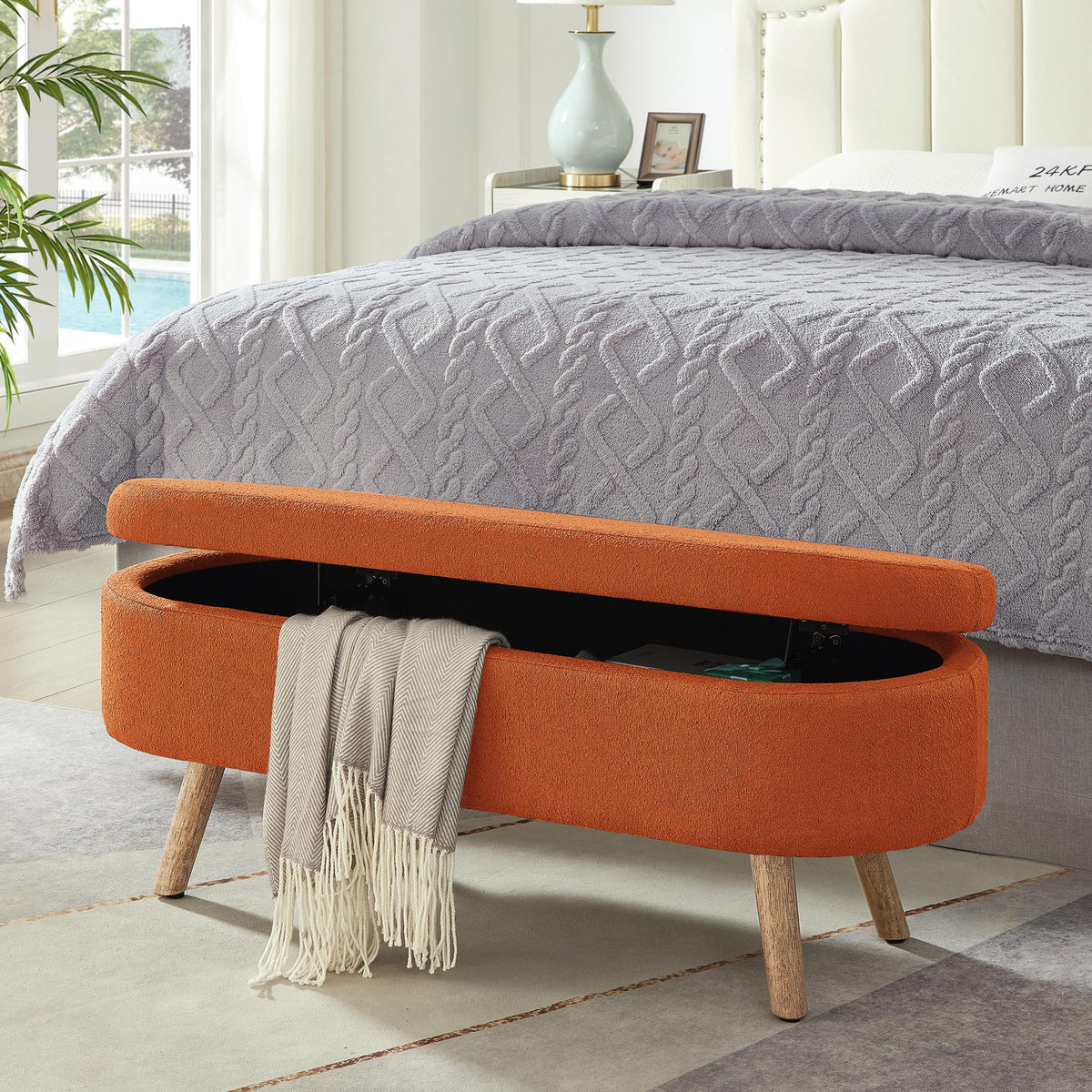 42" Oval Boucle Tufted Storage Ottoman Bench with Solid Wood Legs O8347