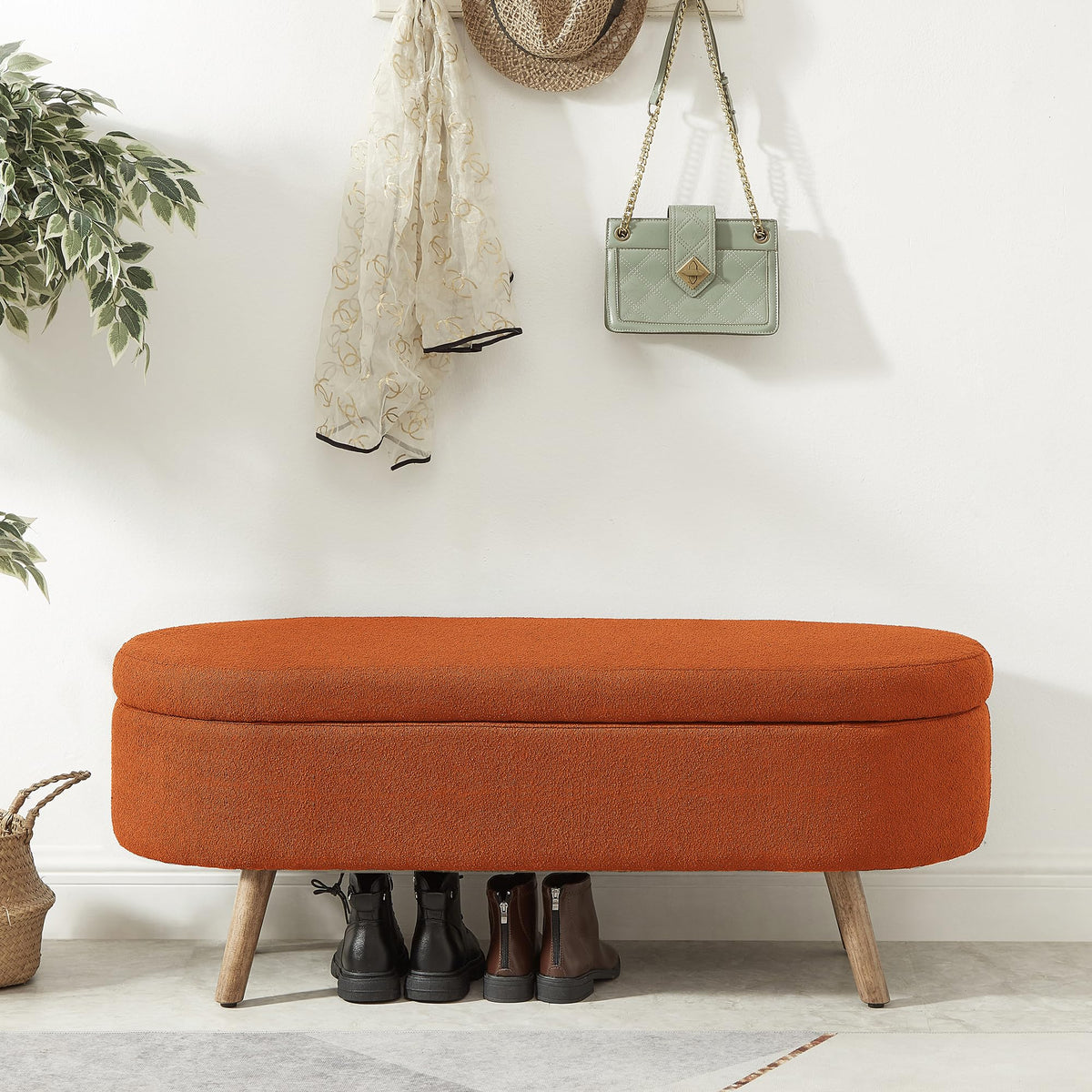 42" Oval Boucle Tufted Storage Ottoman Bench with Solid Wood Legs O8347