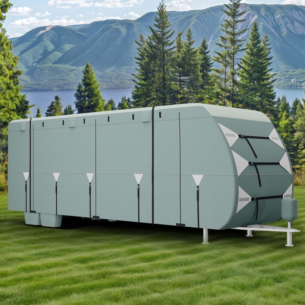 24-27FT Waterproof 7-Layer Camper Cover with Tongue Jack Cover, Tire Covers, Gutter Covers E47952