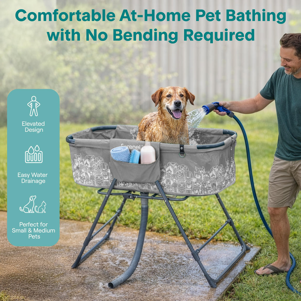 Foldable Dog Bath Tub with Drain Hose, 130 lb Capacity, Gray J5038