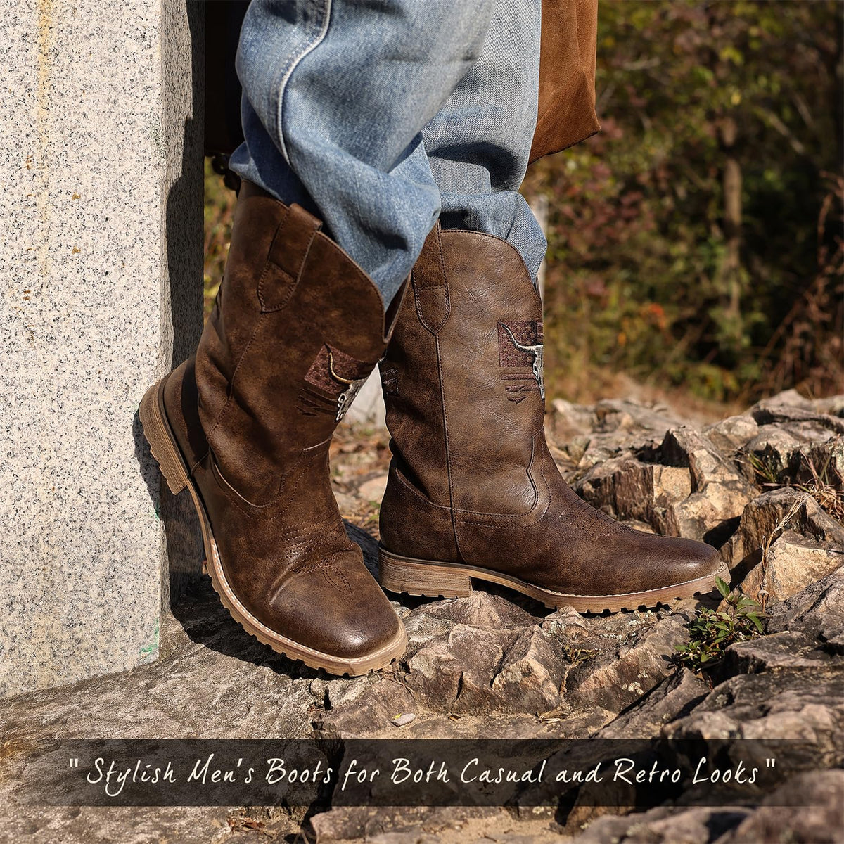 Vintage Distressed Brown Square Toe Mid-Calf Cowboy Boots X736943