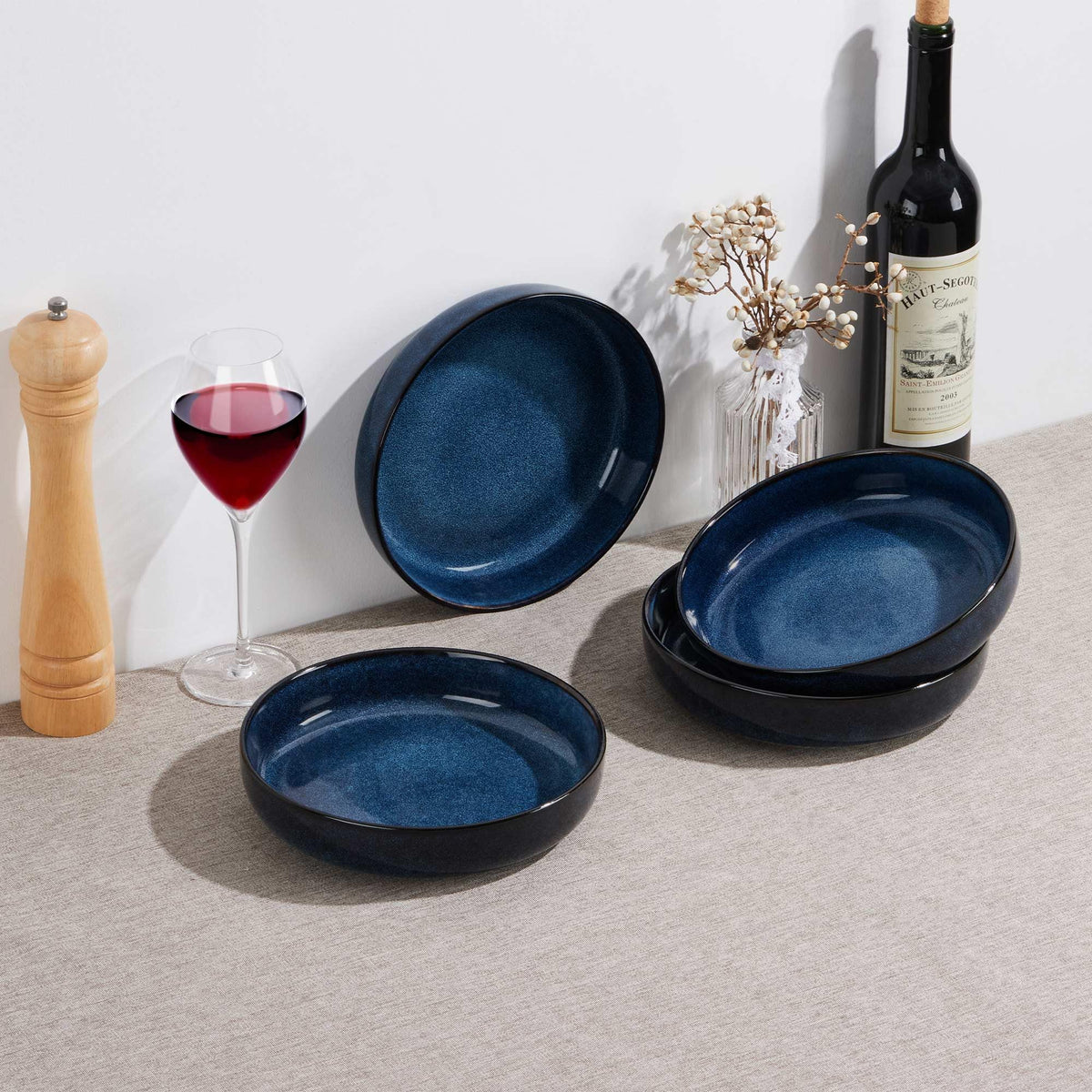 Stoneware Pasta Bowls Set of 4, 35oz Ceramic Bowls, Sapphire Blue H3445