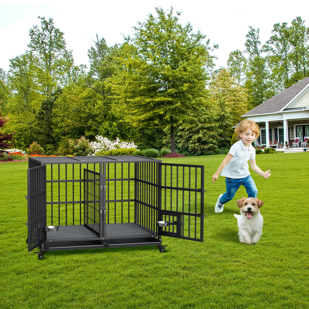 42 inch Heavy Duty Metal Dog Crate with Removable Tray and Wheels N44905
