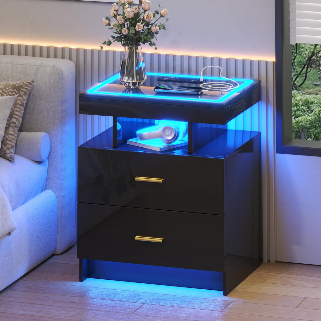 Black LED Nightstand with Wireless Charging Station D7806
